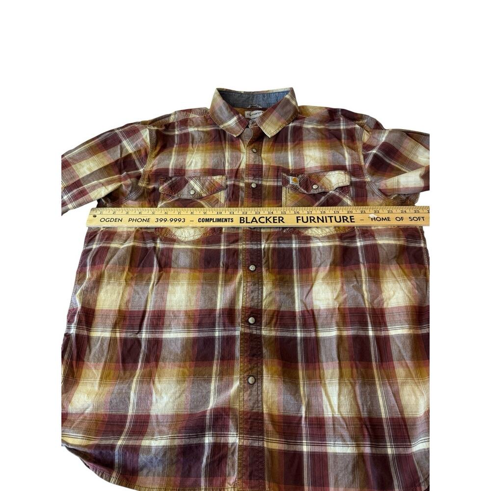 XL Carhartt Long Sleeve Snap Button Up Shirt Plaid Brown Western Work - Picture 2 of 9